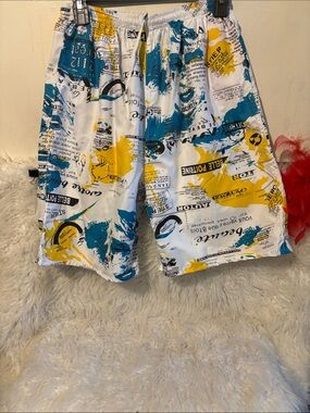 Men's White Swim Board Shorts with Blue & Yellow Print